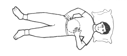要旨：繞推右斜腹筋。 做法：以右手中三指，按於腿夾處不動，以左手右繞揉團臍腹，二十一次。 